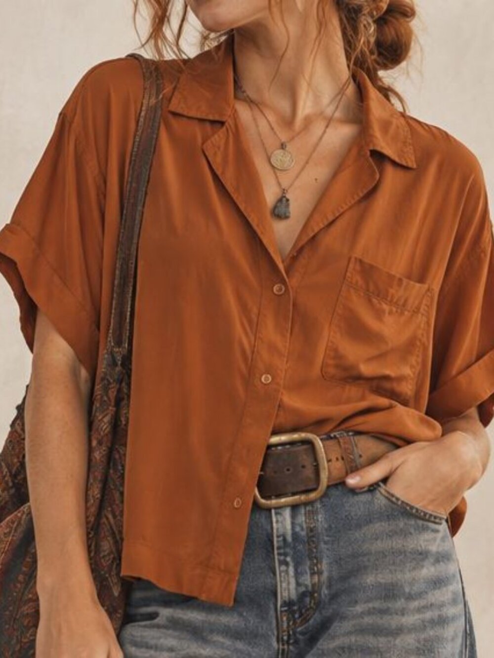 H&M Burnt Orange Satin Camp Rust Pumpkin spice Terracotta Cinnamon Modern Boho